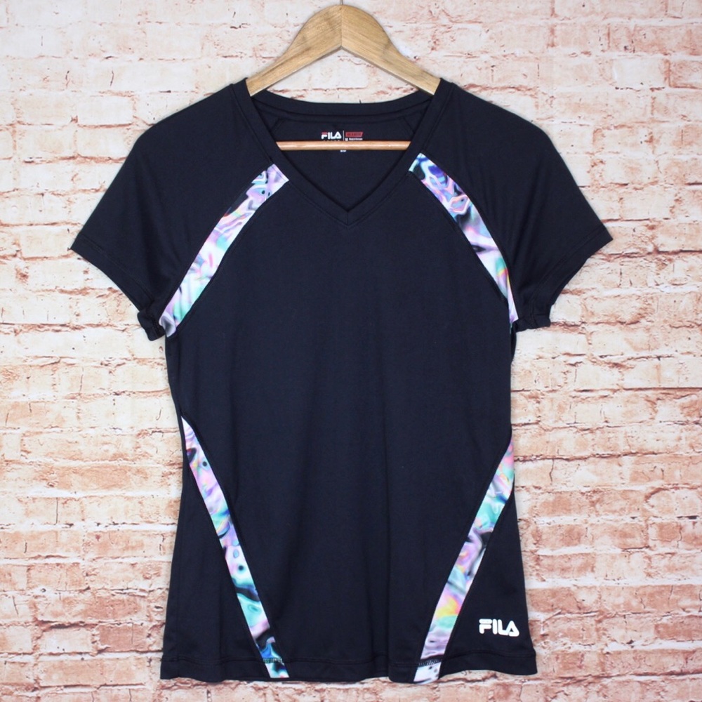 Fila | Black V-Neck Workout Tee Pastel Accents